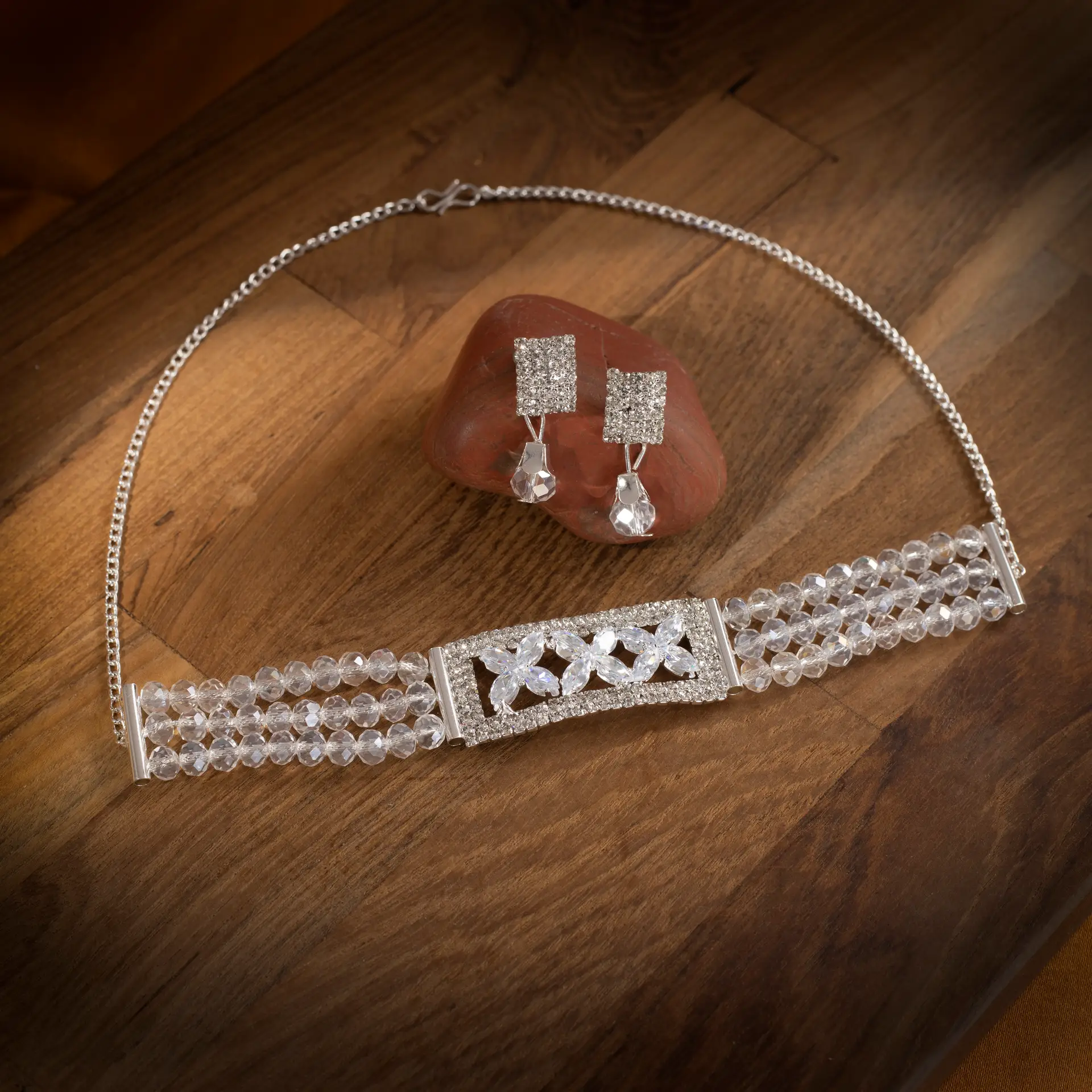 Silver Crystal Beaded Choker Set with Earrings