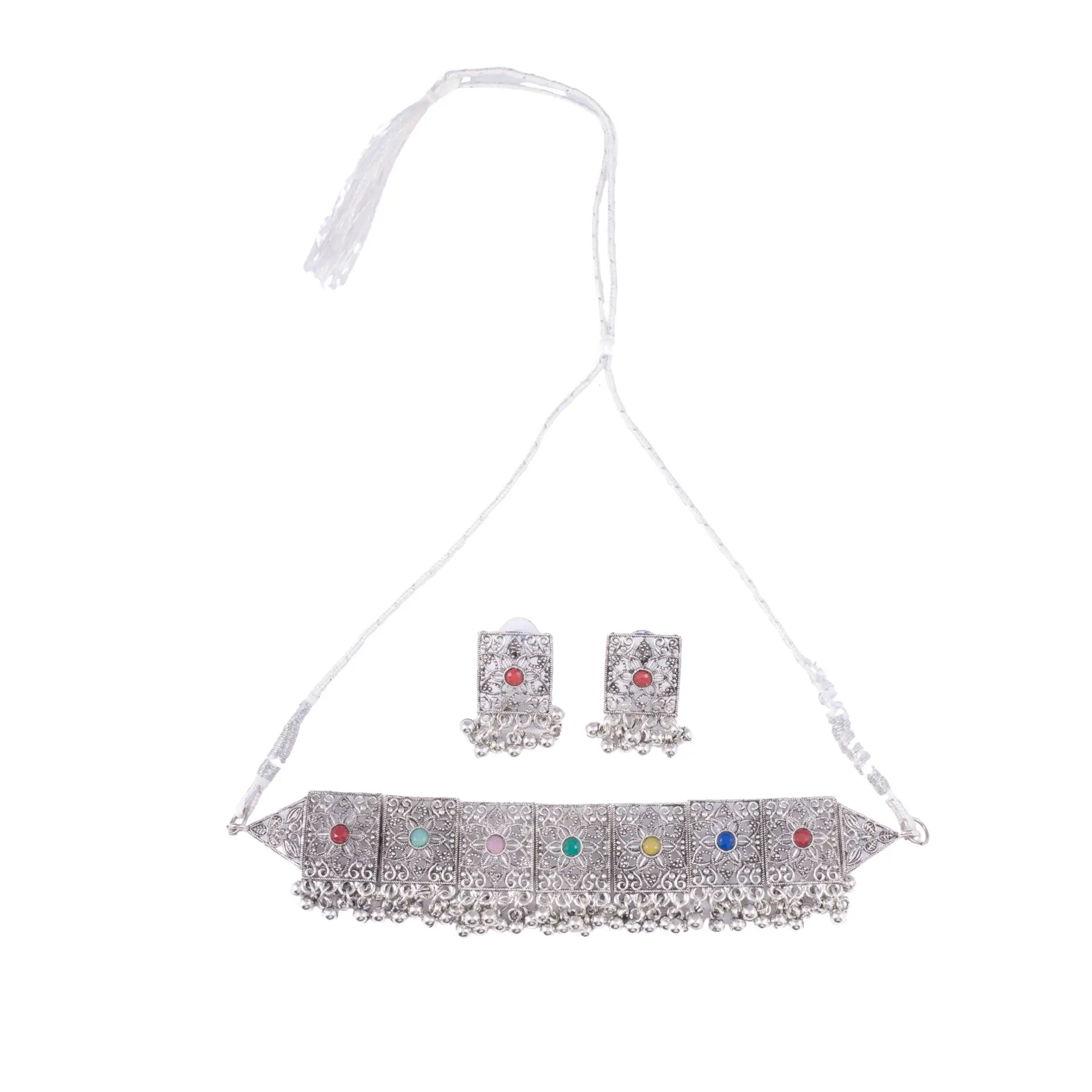 Oxidised Silver Plated Bracelet & Earring Set with Multicolour Stones - Image 2