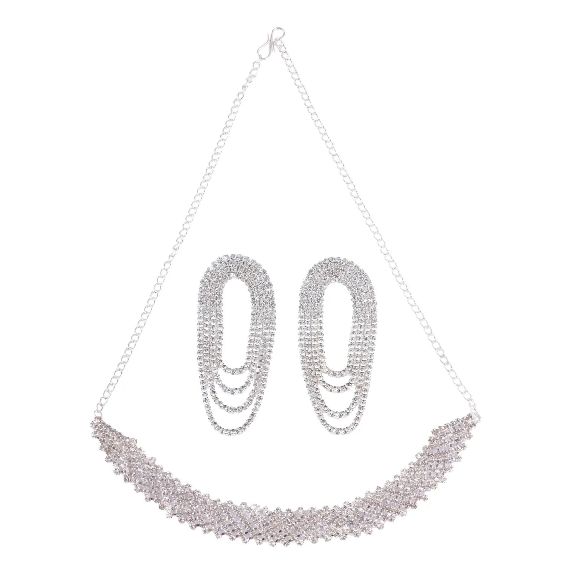 Silver Crystal Layered Necklace Set with Statement Earrings - Image 2