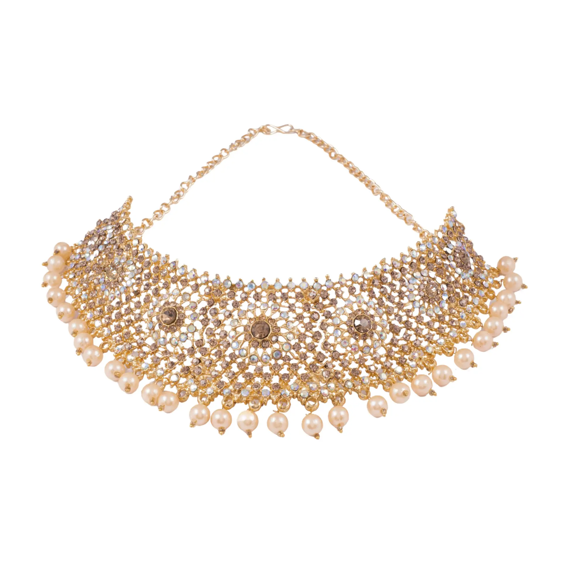 Bridal Gold-Plated Choker Necklace Set with Pearl Drops & Maang Tikka - Image 2