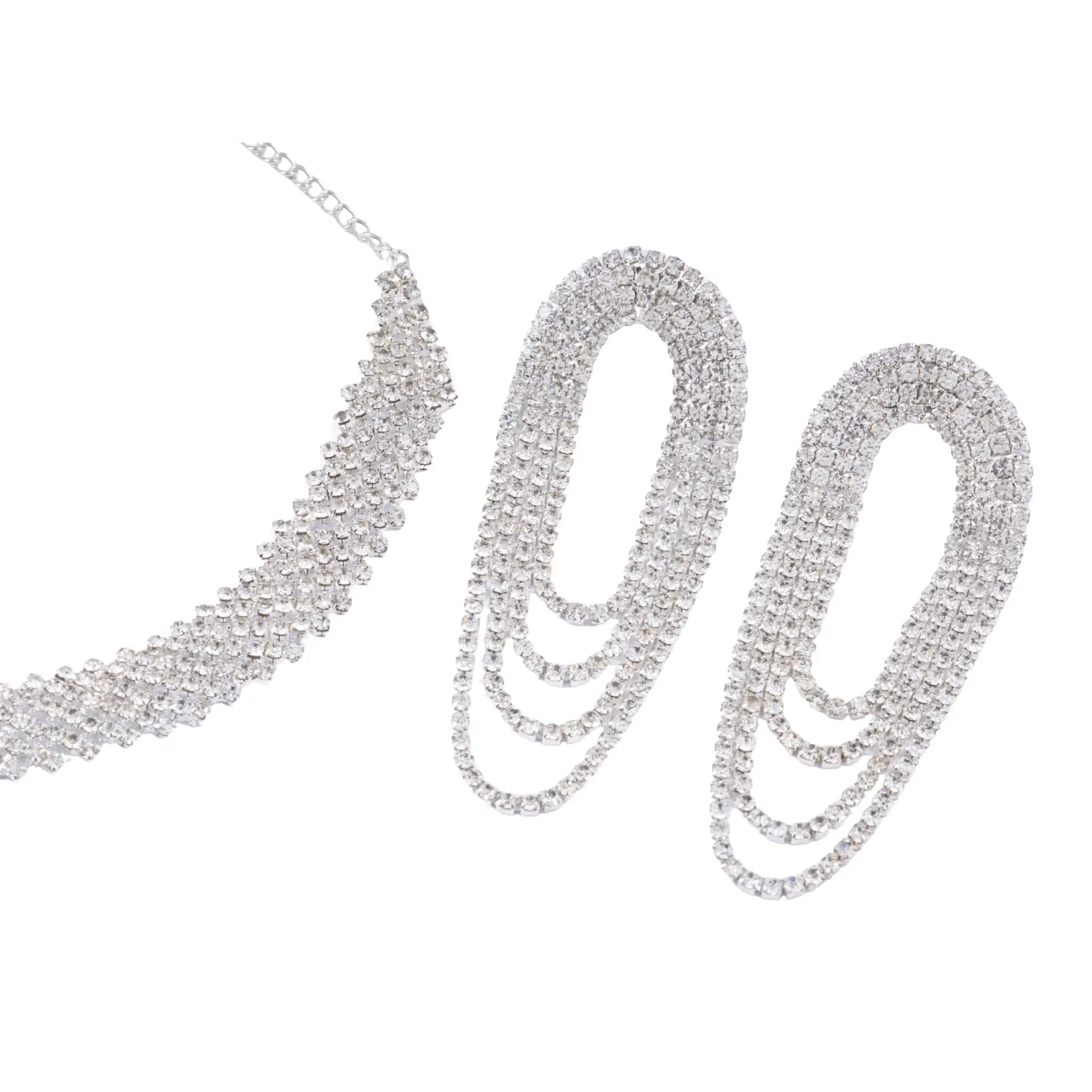 Silver Crystal Layered Necklace Set with Statement Earrings - Image 5