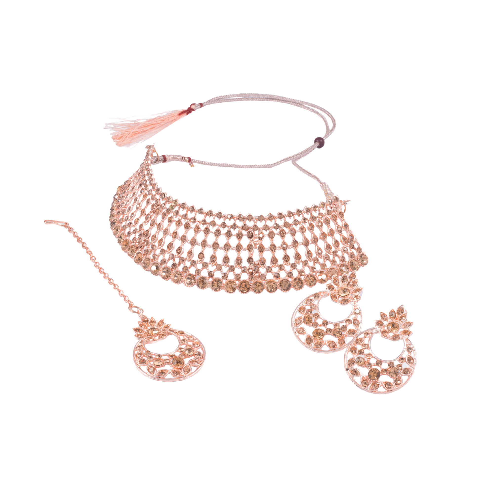 Sparkling Stone Choker Necklace Set with Earrings & Maang Tikka - Image 4