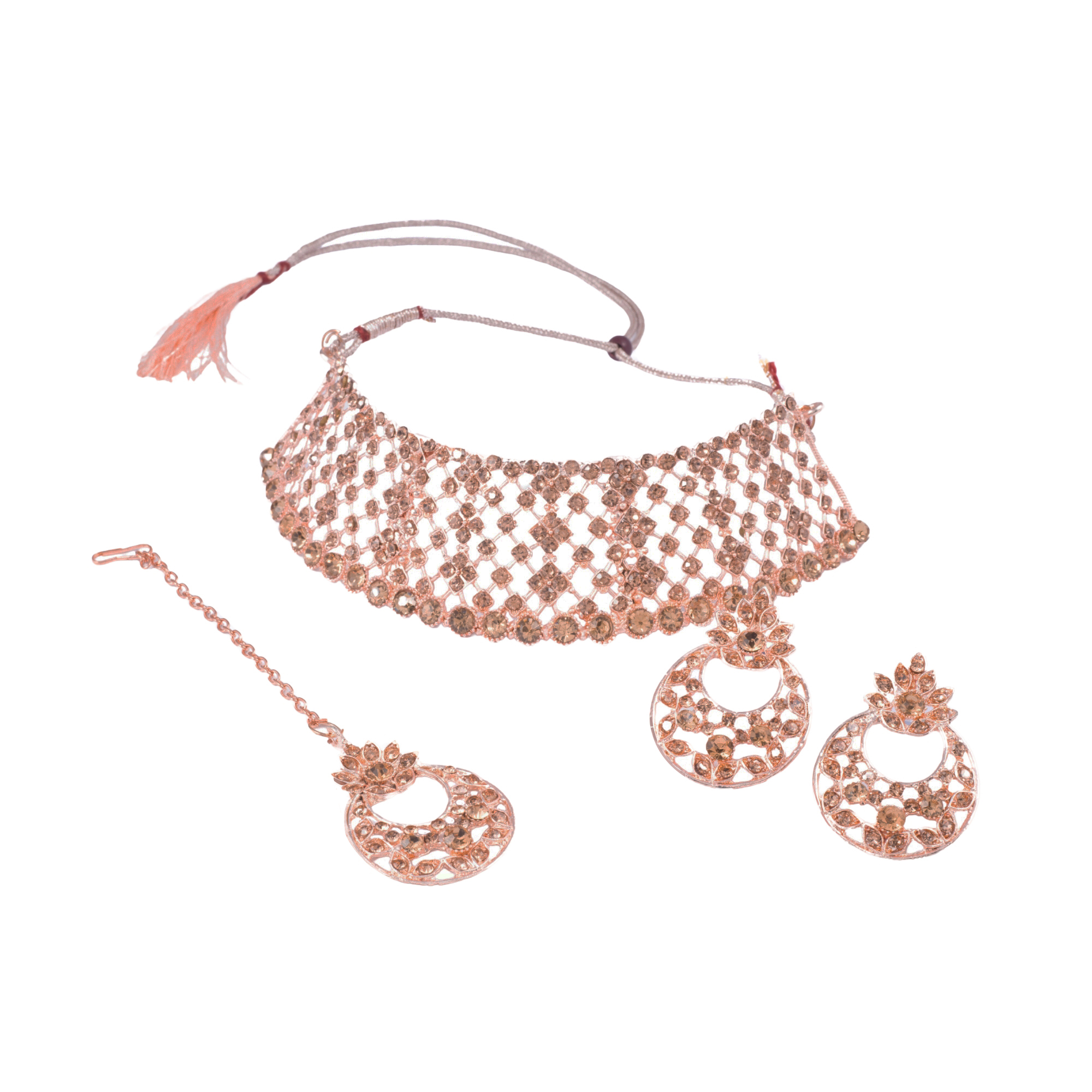 Golden Glam Choker Necklace Set with Earrings & Maang Tikka - Image 5