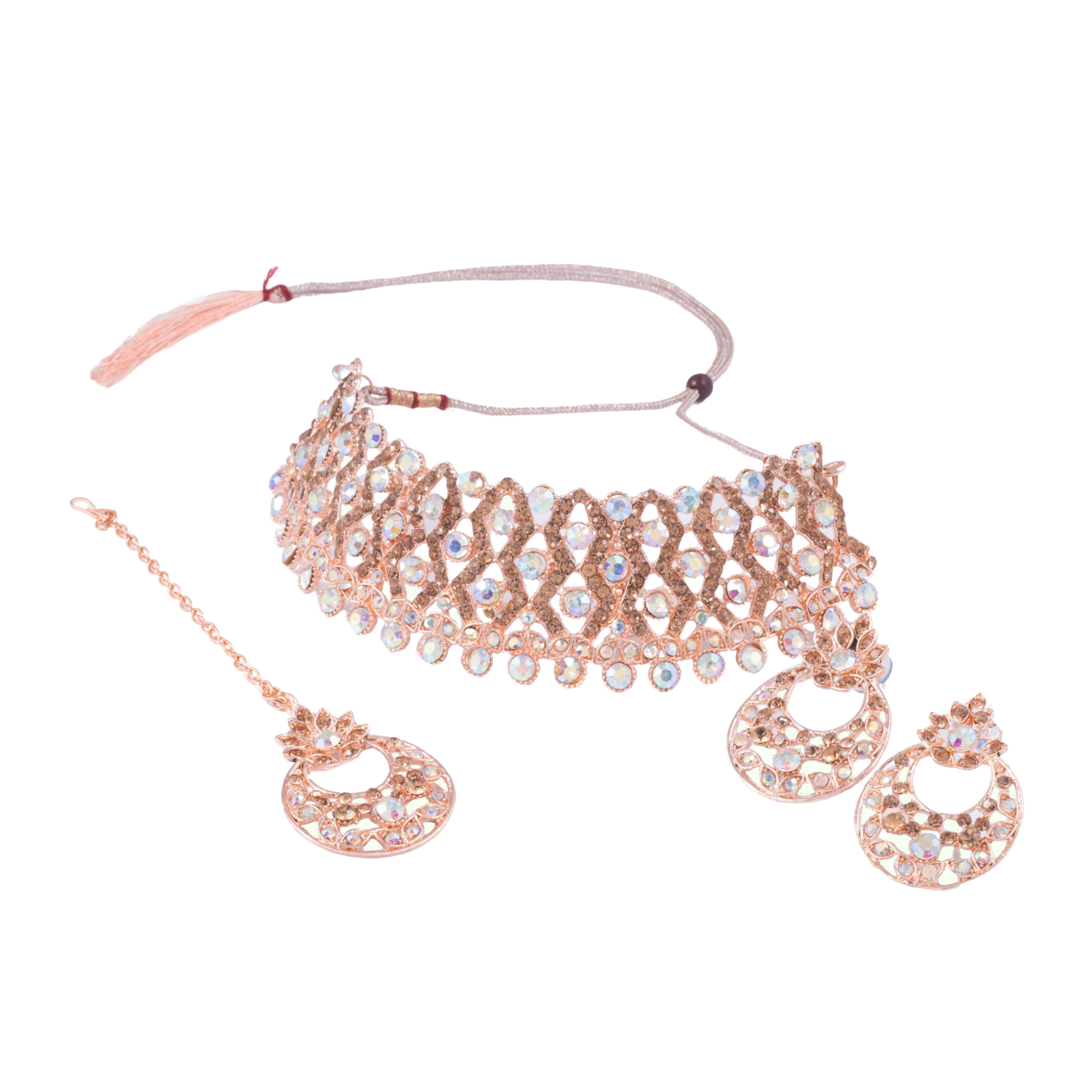 Crystal Glow Choker Necklace Set with Earrings & Maang Tikka - Image 5
