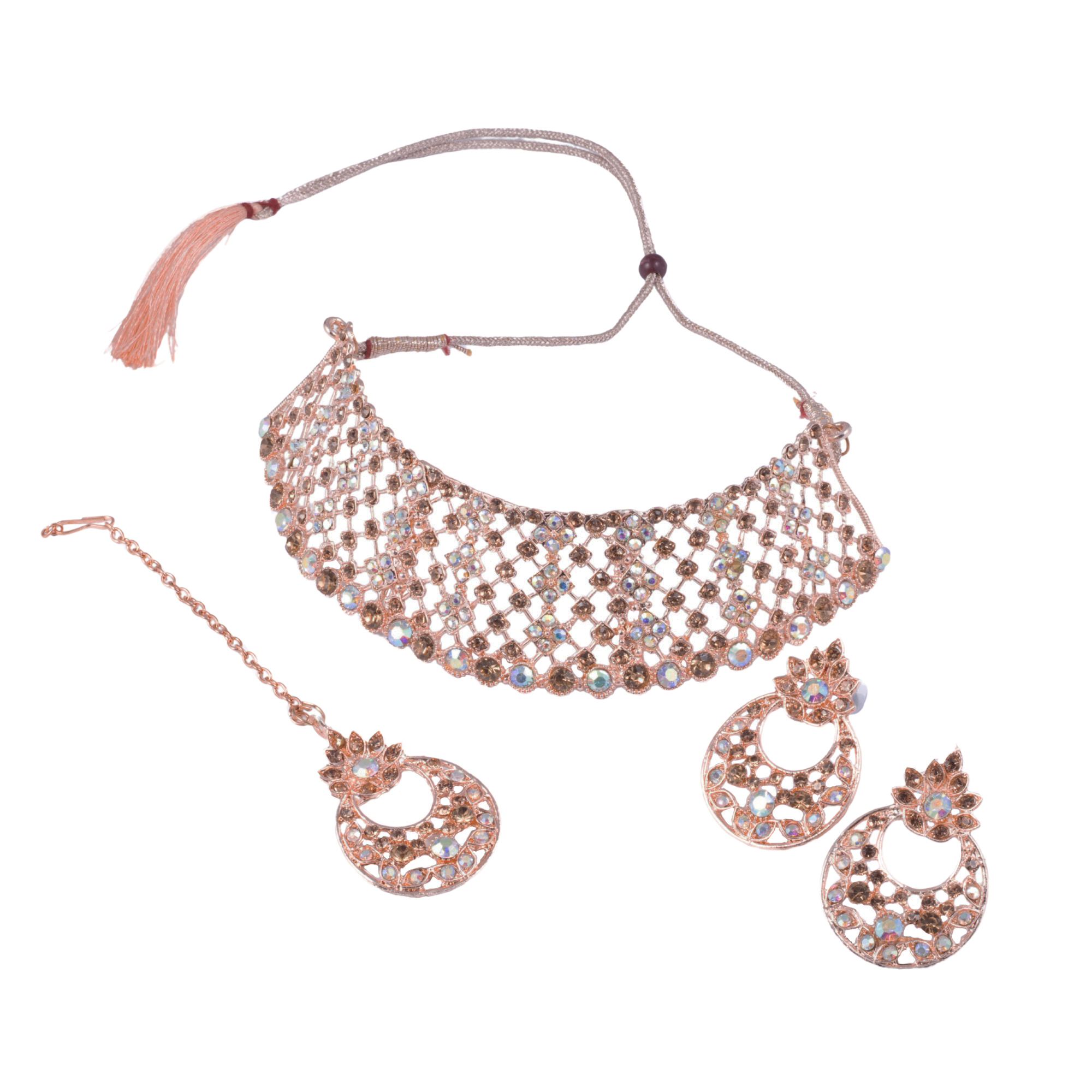 Stone-Studded Designer Choker Necklace Set with Earrings & Maang Tikka - Image 5