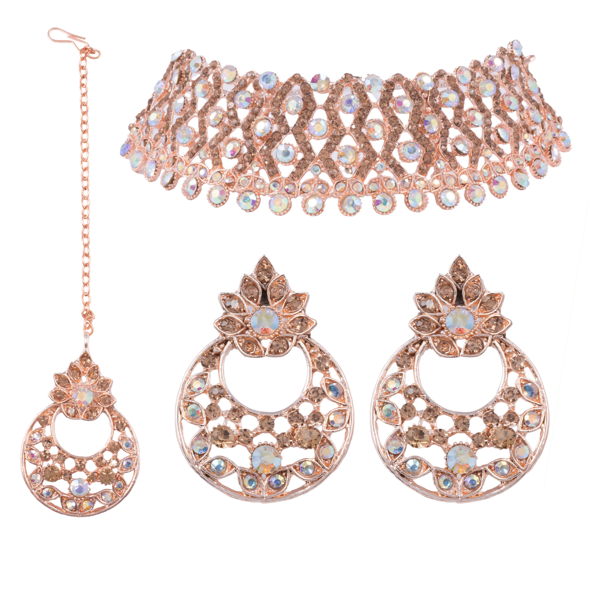Crystal Glow Choker Necklace Set with Earrings & Maang Tikka - Image 6
