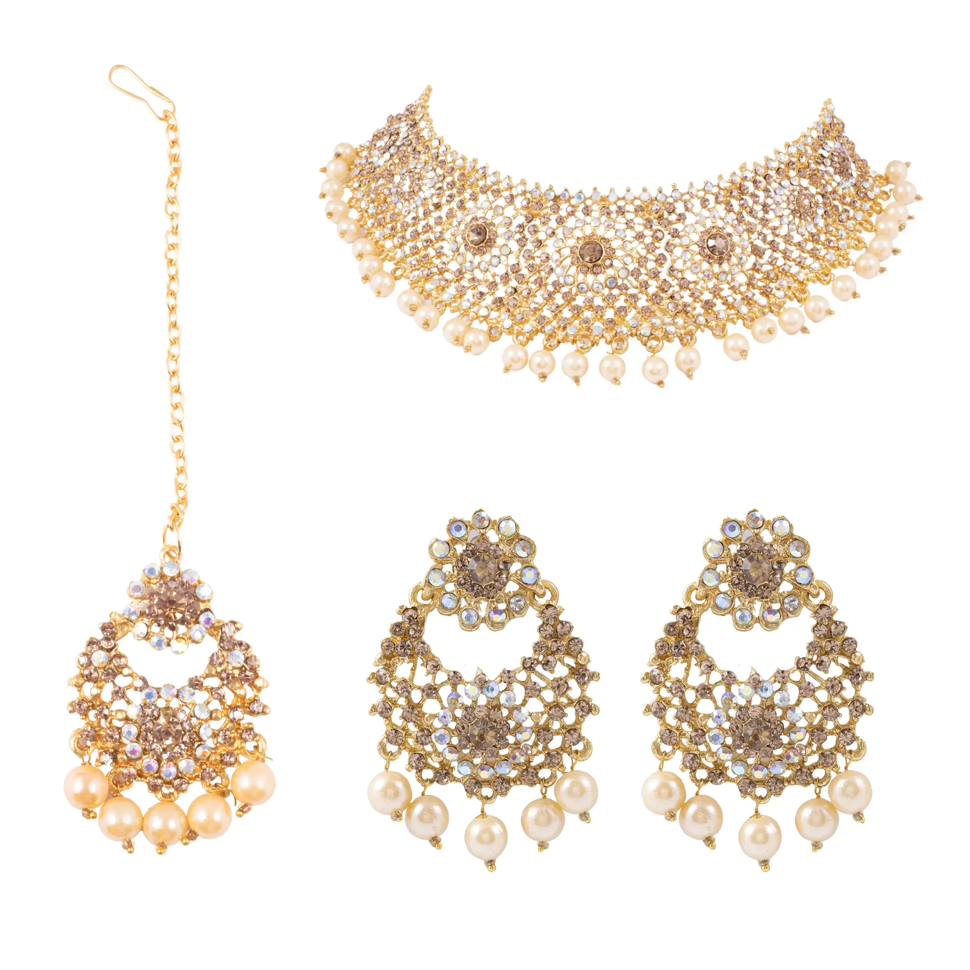 Bridal Gold-Plated Choker Necklace Set with Pearl Drops & Maang Tikka - Image 6