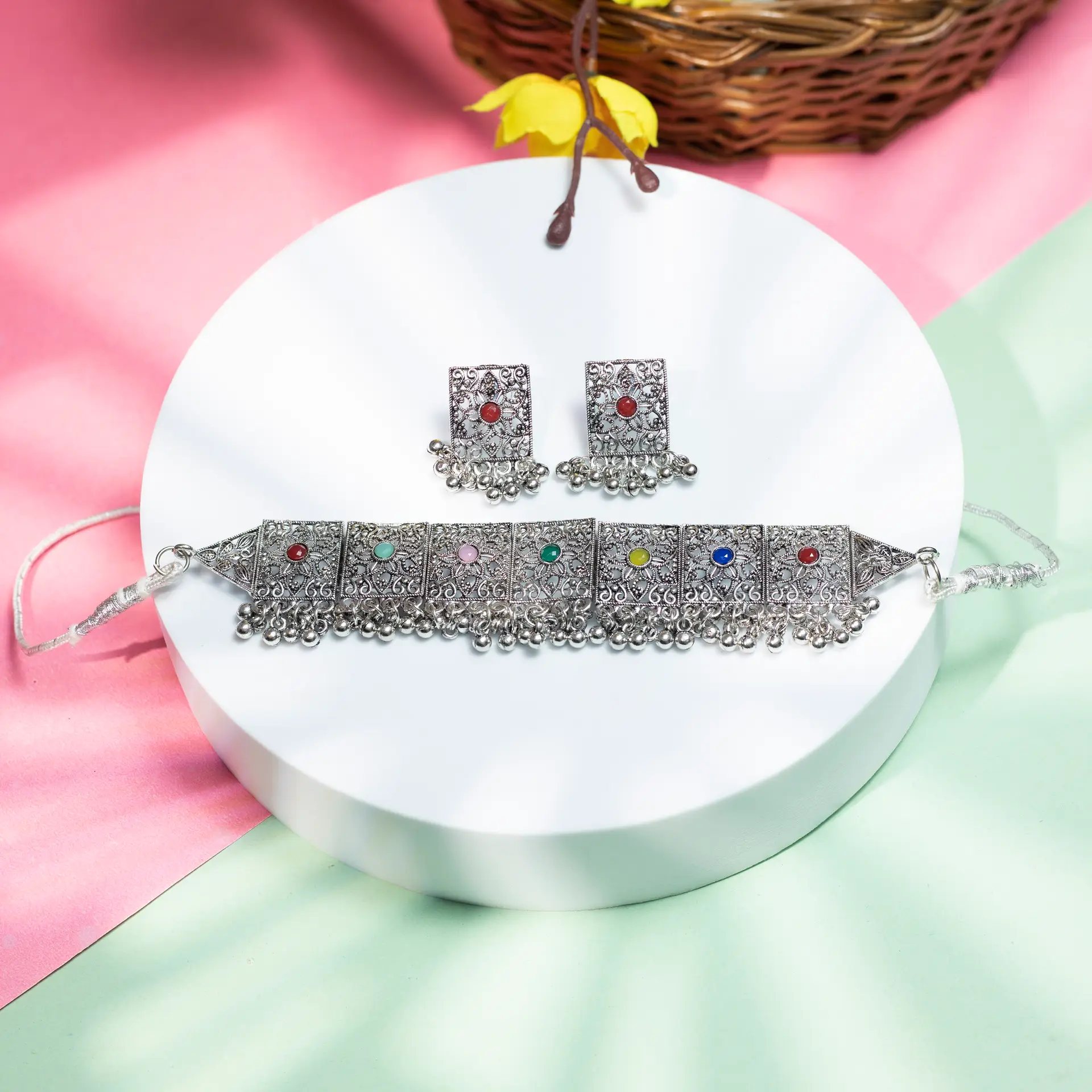Oxidised Silver Plated Bracelet & Earring Set with Multicolour Stones