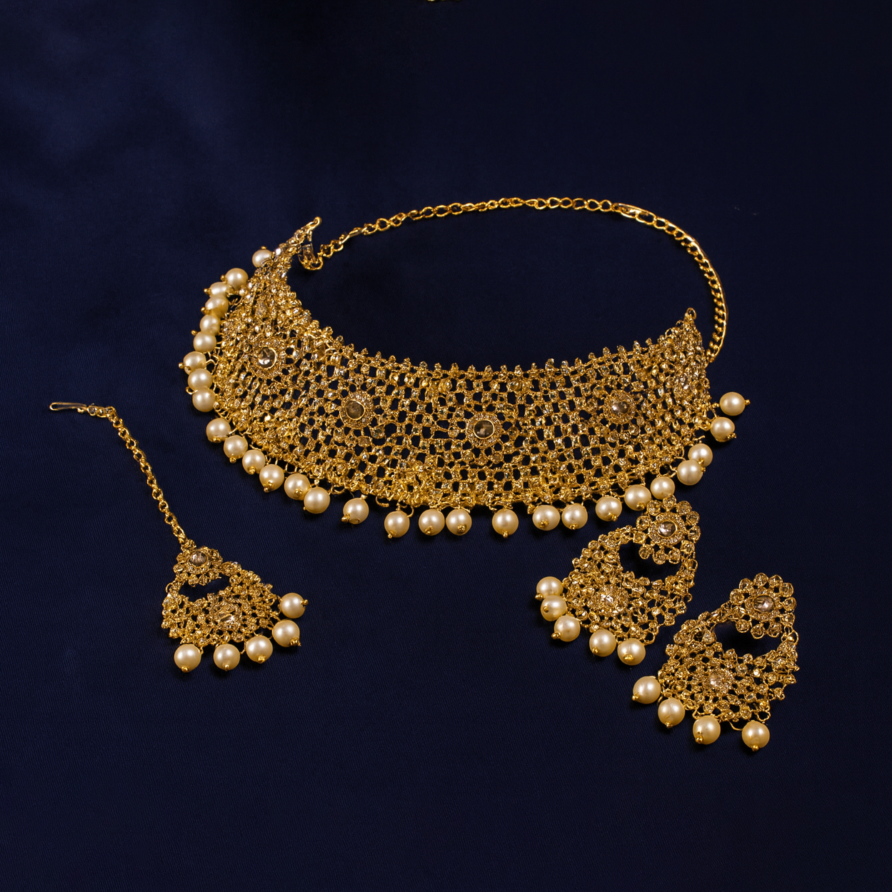 Gold-Plated Pearl Choker Necklace Set with Earrings & Maang Tikka