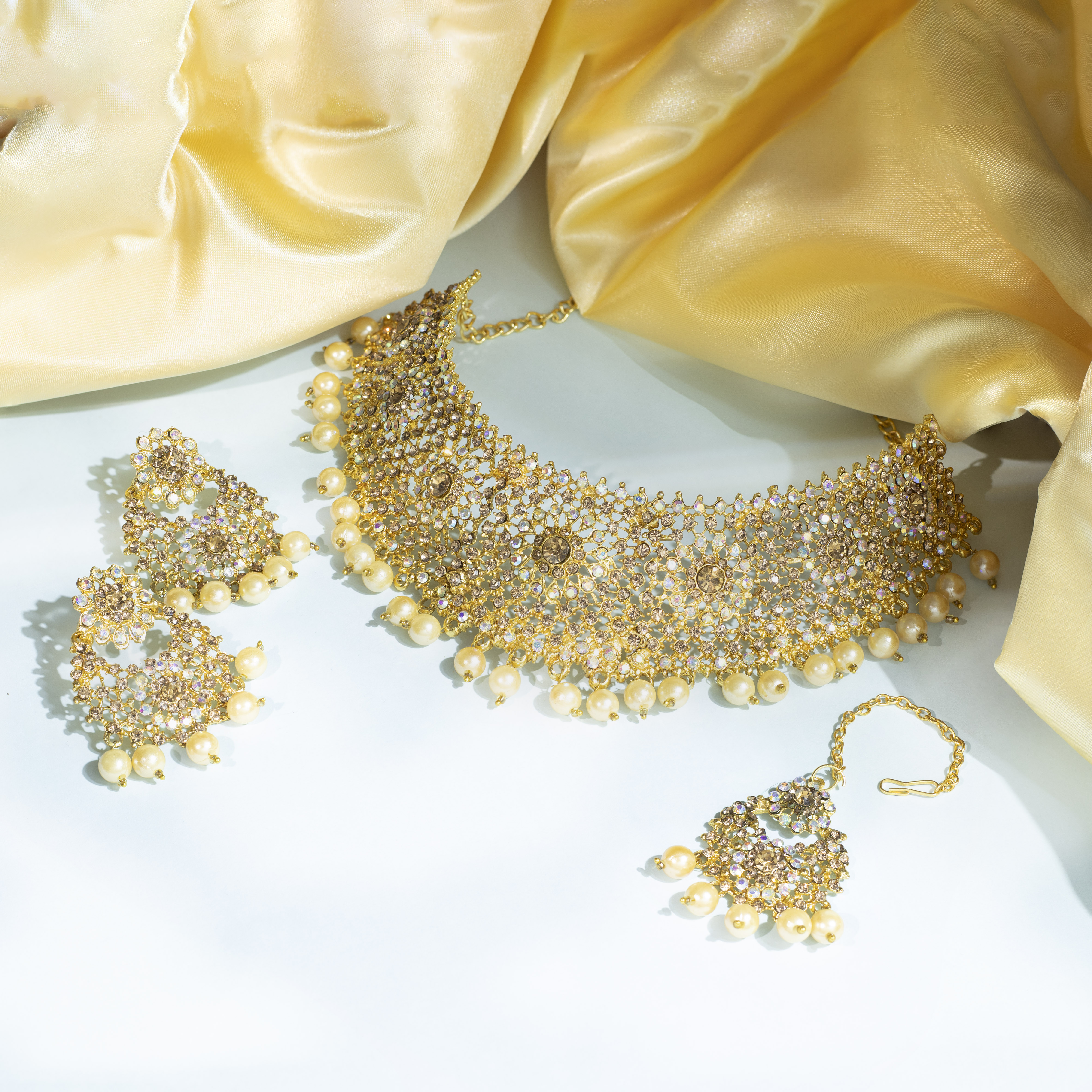 Bridal Gold-Plated Choker Necklace Set with Pearl Drops & Maang Tikka