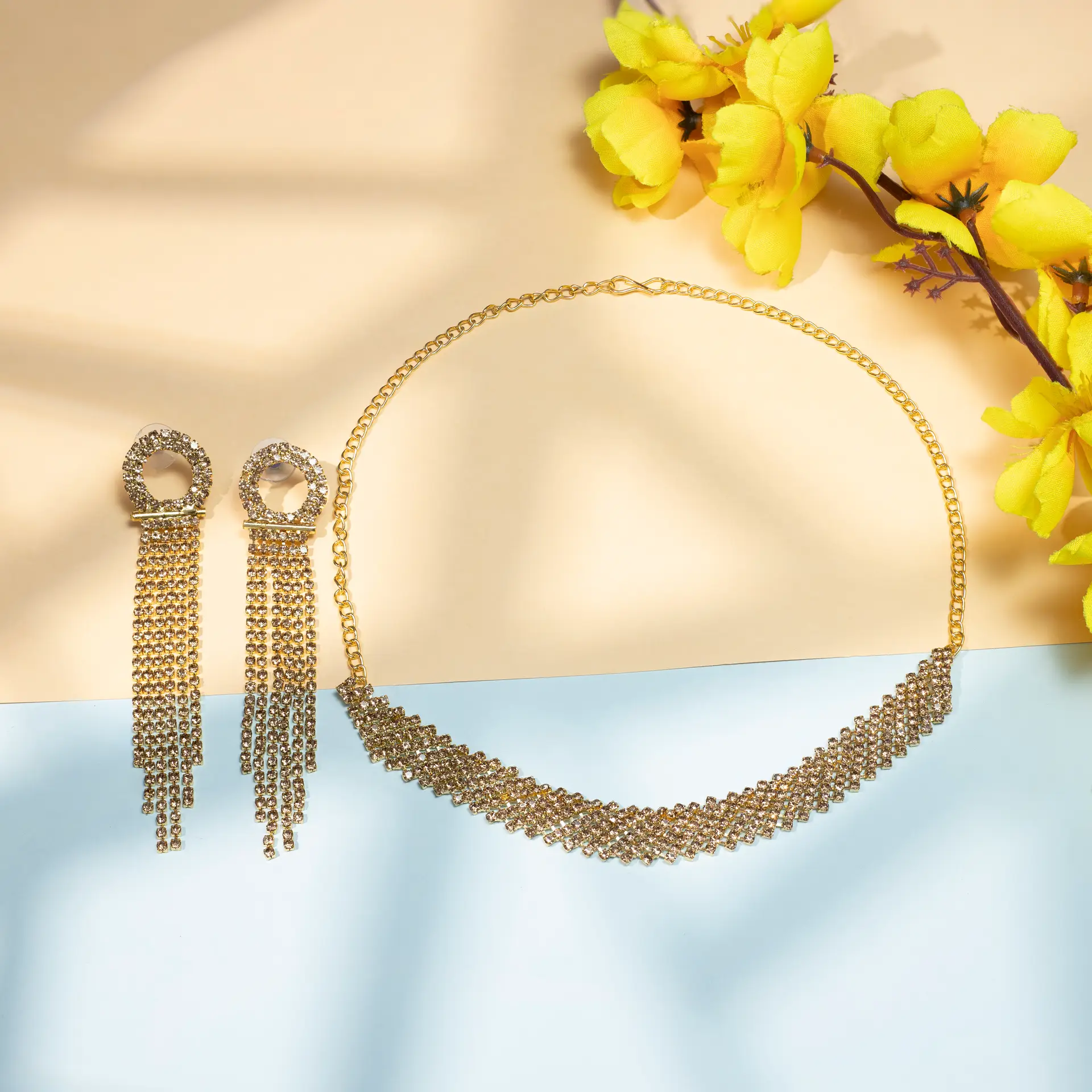 Golden Crystal Necklace Set with Long Dangler Earrings