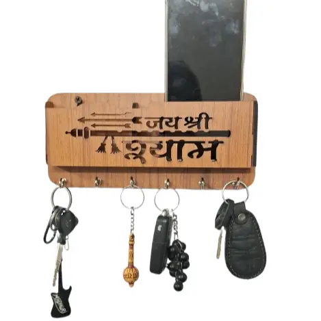 Jai Shreeshyam collection 3 Baan Dhari Jai Shree Shyam Cut Out Key Holder | Wooden Key Holder with 6 Hooks | Blessing Key Organizer | Brown Wood Key Stand for Home & Office Decor