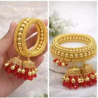 Gold Plated Jhumka Bracelet Bangles with Red Beads