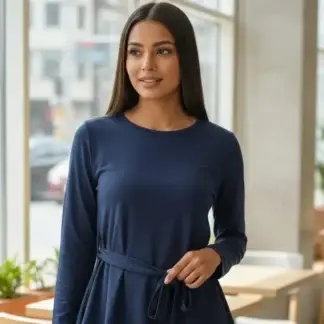 Navy Blue Long Sleeve Belted Midi Dress