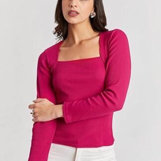 Women Solid Pink Square Neck Full Sleeve Ribbed Top | Stylish Casual Slim Fit Top for Girls