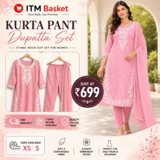 Women Pink Embroidered Kurta Pant Dupatta Set | Ethnic Wear Suit Set for Women