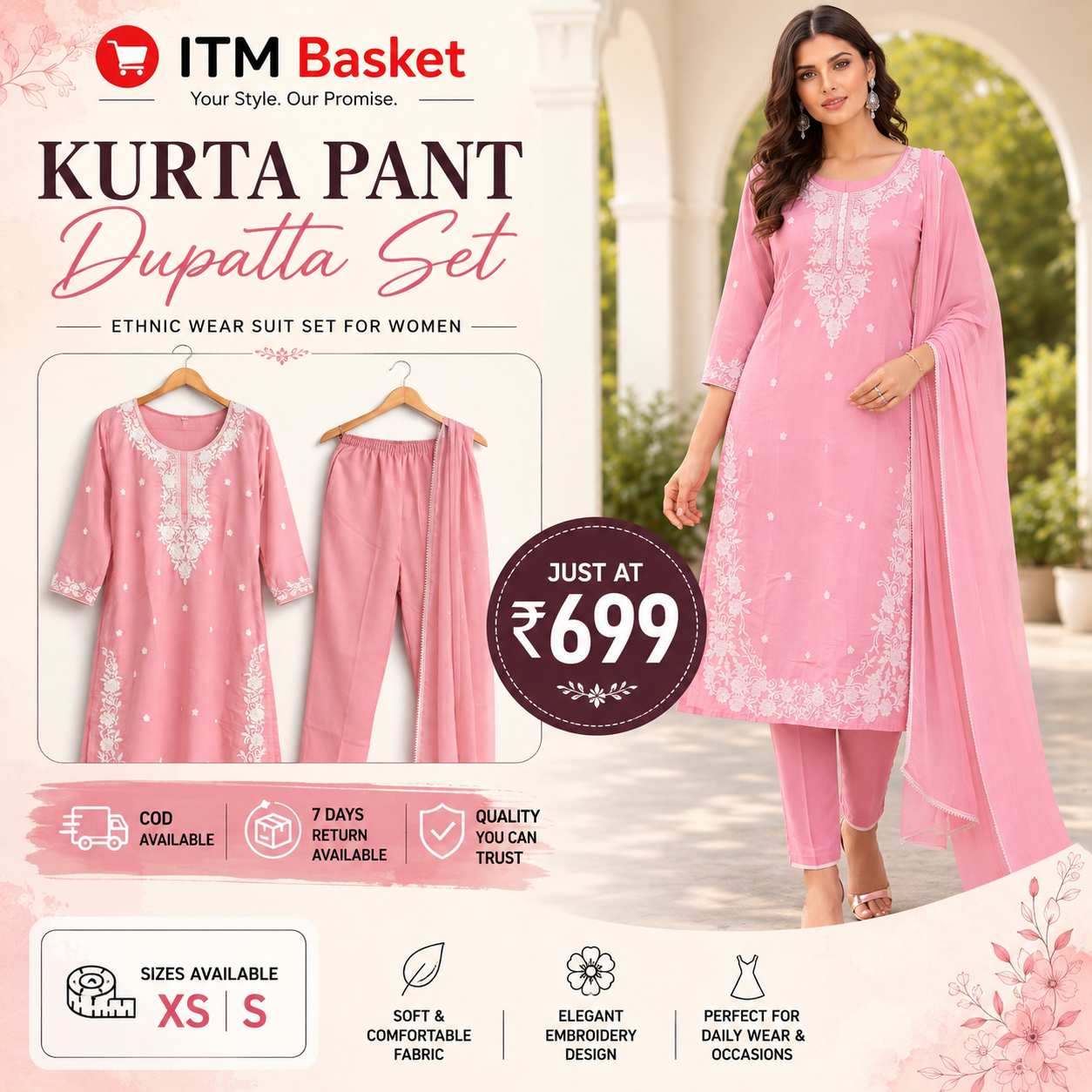 Women Pink Embroidered Kurta Pant Dupatta Set | Ethnic Wear Suit Set for Women