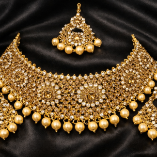 Gold-Plated Pearl Choker Necklace Set with Earrings & Maang Tikka
