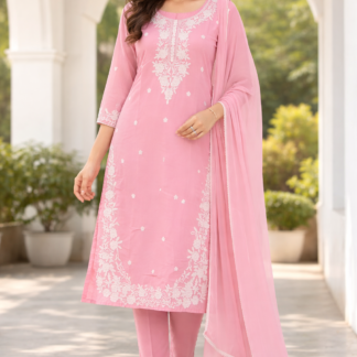 Women Pink Embroidered Kurta Pant Dupatta Set | Ethnic Wear Suit Set for Women