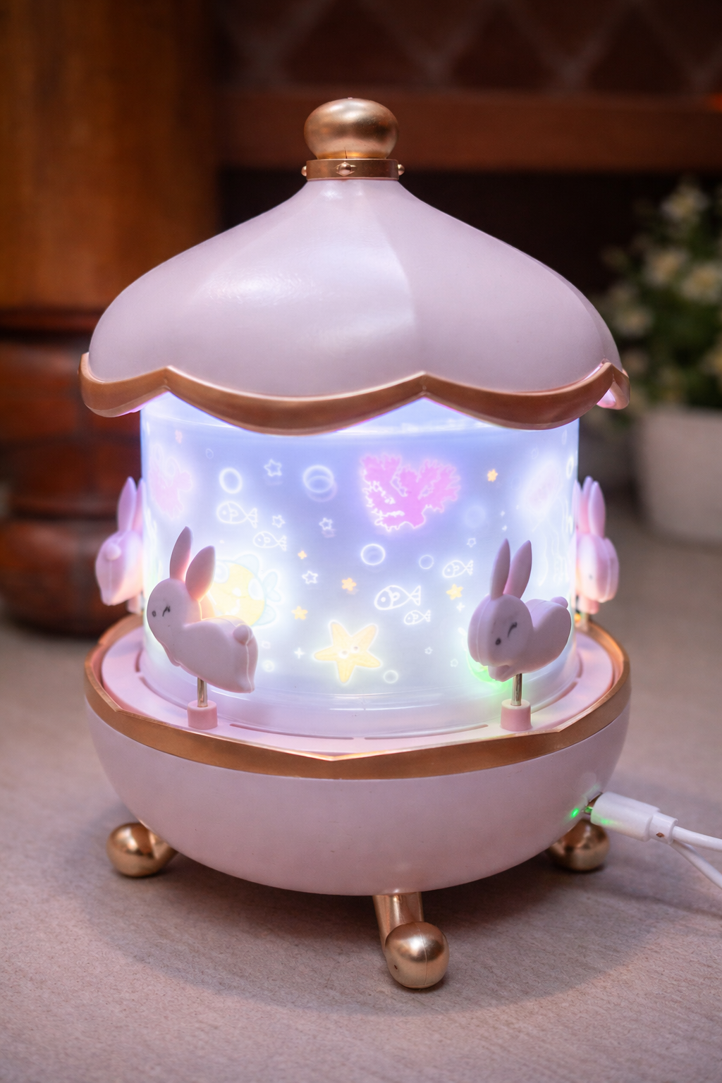 Cute Bunny Carousel Night Lamp with Rotating Light | USB Rechargeable LED Projector Lamp | Aesthetic Room Decor & Gift Item - Image 4