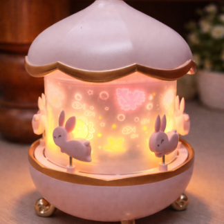 Cute Bunny Carousel Night Lamp with Rotating Light | USB Rechargeable LED Projector Lamp | Aesthetic Room Decor & Gift Item