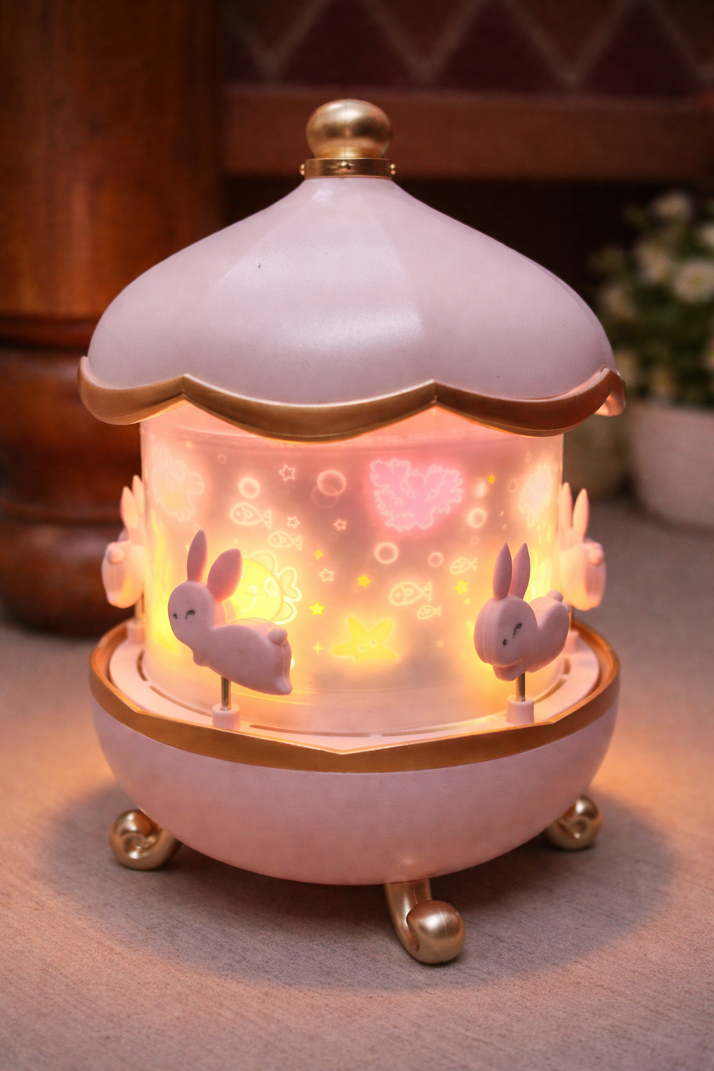Cute Bunny Carousel Night Lamp with Rotating Light | USB Rechargeable LED Projector Lamp | Aesthetic Room Decor & Gift Item