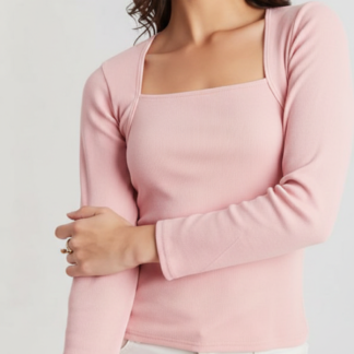 Women Peach Square Neck Full Sleeve Top | Stylish Slim Fit Casual Top for Girls