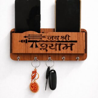Jai Shreeshyam collection 3 Baan Dhari Jai Shree Shyam Cut Out Key Holder | Wooden Key Holder with 6 Hooks | Blessing Key Organizer | Brown Wood Key Stand for Home & Office Decor