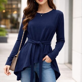 Women Navy Blue Belted Asymmetrical Tunic Top – Long Sleeve Stylish Casual Top
