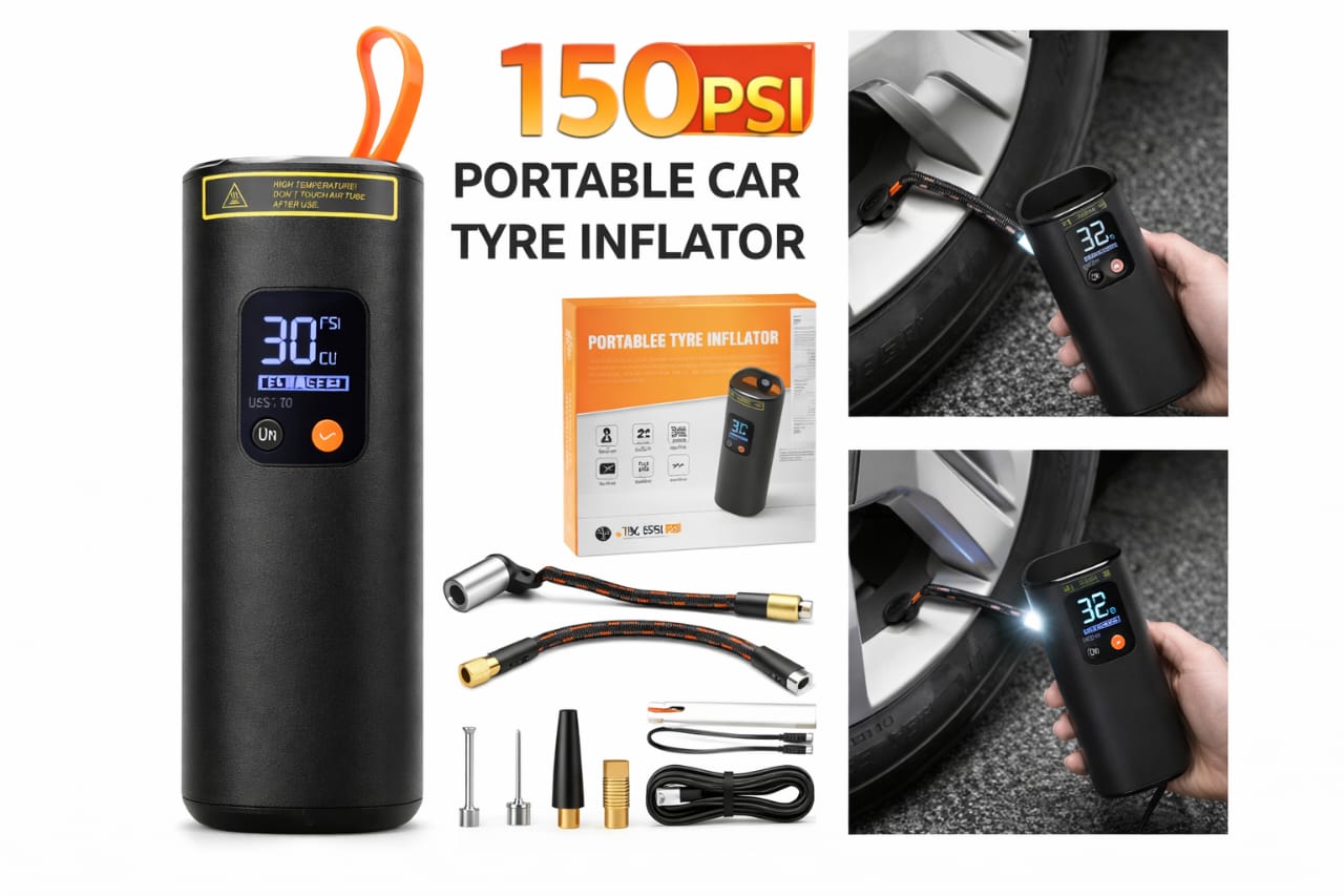 Portable Car Tyre Inflator Air Pump 150 PSI, Digital Display, Auto Shut-Off, Wireless Air Compressor with LED Light for Car, Bike, Cycle & Balls