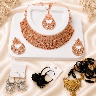 Women's Premium Rose Gold Ethnic Jewellery Combo Set | Necklace, Earrings, Maang Tikka, Hoops & Mangalsutra