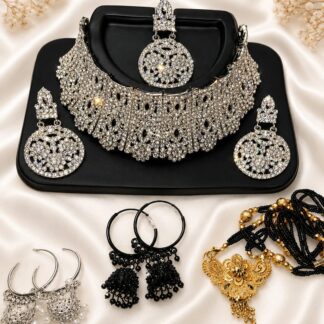 Women's Premium American Diamond Jewellery Combo Set | Choker Necklace, Earrings, Maang Tikka, Hoops & Mangalsutra