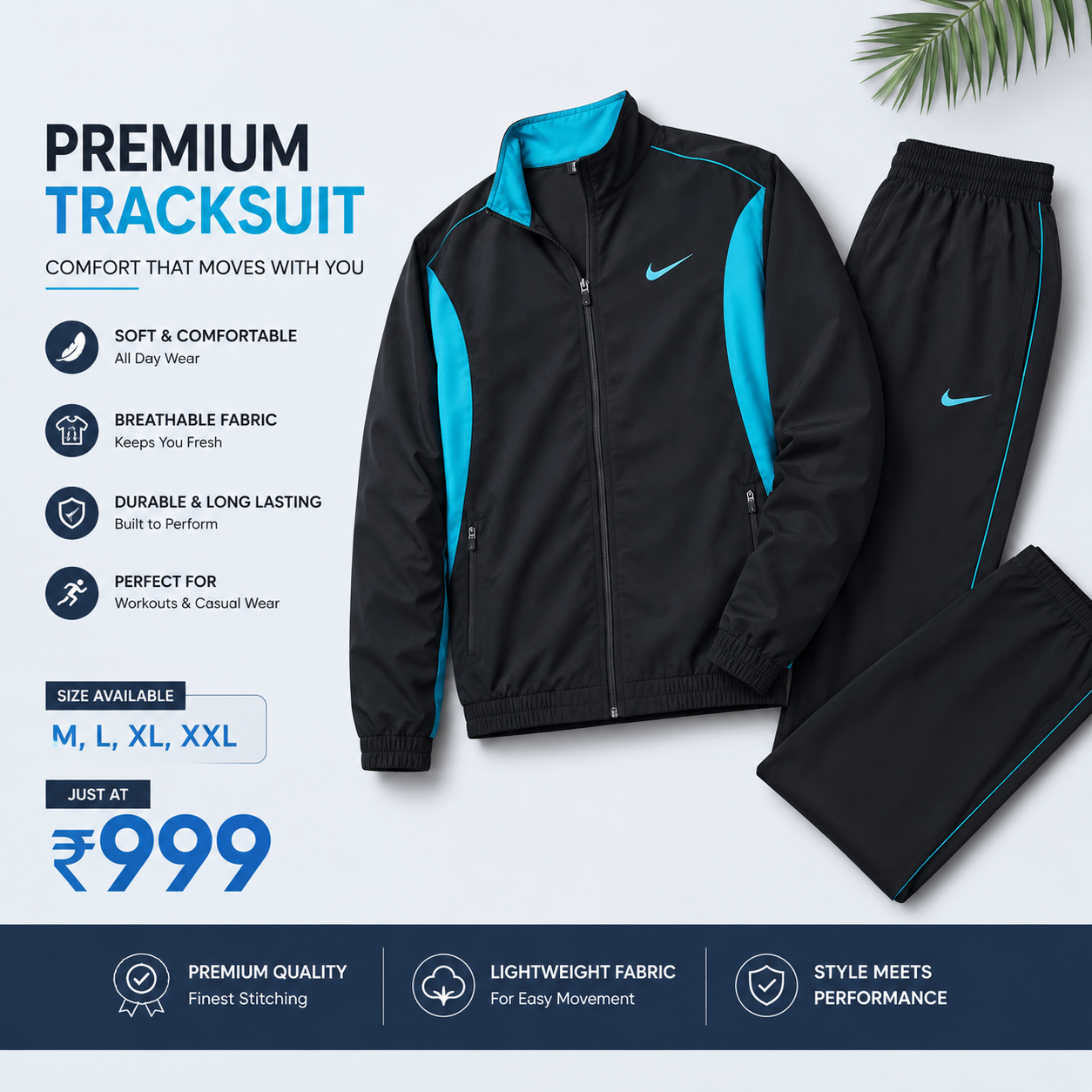 Men's Premium Sports Tracksuit Set | Full Sleeve Zipper Jacket & Track Pants | Black & Blue